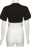 Black Fashion Casual Print Bandage Slit O Neck T-Shirts
