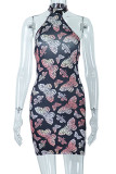 Black Sexy Print Patchwork Halter Pencil Skirt Dresses