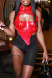 Red Fashion Sexy Solid Hollowed Out Patchwork Backless Cross Straps Asymmetrical Turtleneck Tops