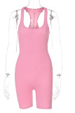 Pink Casual Sportswear Solid Patchwork U Neck Skinny Rompers
