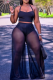 Black Fashion Solid Mesh Halter Sleeveless Two Pieces