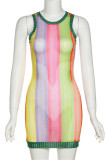 Colour Fashion Sexy Striped Print Patchwork O Neck Sleeveless Dress