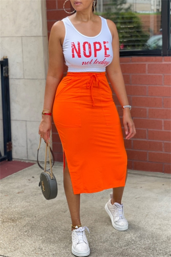 Orange Fashion Casual Letter Print Slit O Neck Sleeveless Two Pieces