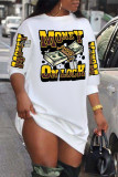 White Fashion Casual Letter Print Patchwork O Neck T-shirt Dress