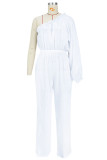 White Casual Solid Patchwork Oblique Collar Straight Jumpsuits