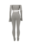 Grey Casual Solid Draw String Off the Shoulder Long Sleeve Two Pieces