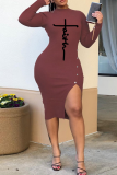 Grey Casual Print Slit Half A Turtleneck Pencil Skirt Dresses