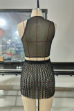 Black Fashion Sexy Solid Hollowed Out See-through O Neck Sleeveless Two Pieces