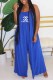 Blue Fashion Casual Print Letter Spaghetti Strap Loose Jumpsuits