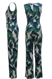 Green Fashion Print Patchwork V Neck Boot Cut Jumpsuits