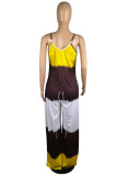 Yellow Casual Tie Dye Patchwork Spaghetti Strap Loose Jumpsuits