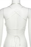 Red Fashion Sexy Solid Hollowed Out Patchwork Backless Cross Straps Asymmetrical Turtleneck Tops