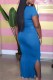 Blue Fashion Casual Print Slit Letter O Neck One Step Skirt Dresses