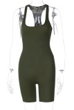 Army Green Casual Sportswear Solid Patchwork U Neck Skinny Rompers
