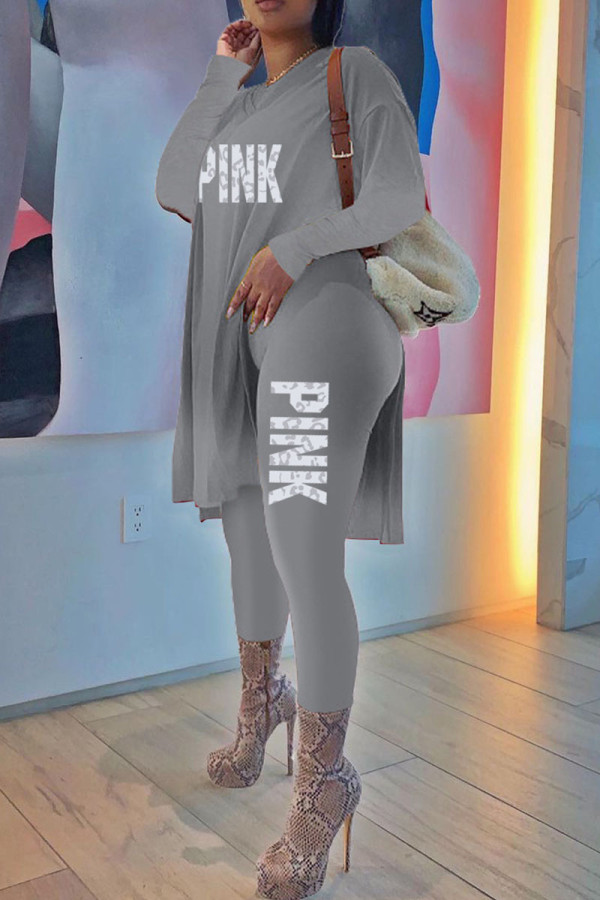 Grey Casual Print Patchwork Slit V Neck Long Sleeve Two Pieces