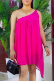 Rose Red Sexy Casual Solid Backless Asymmetrical One Shoulder Sleeveless Dress