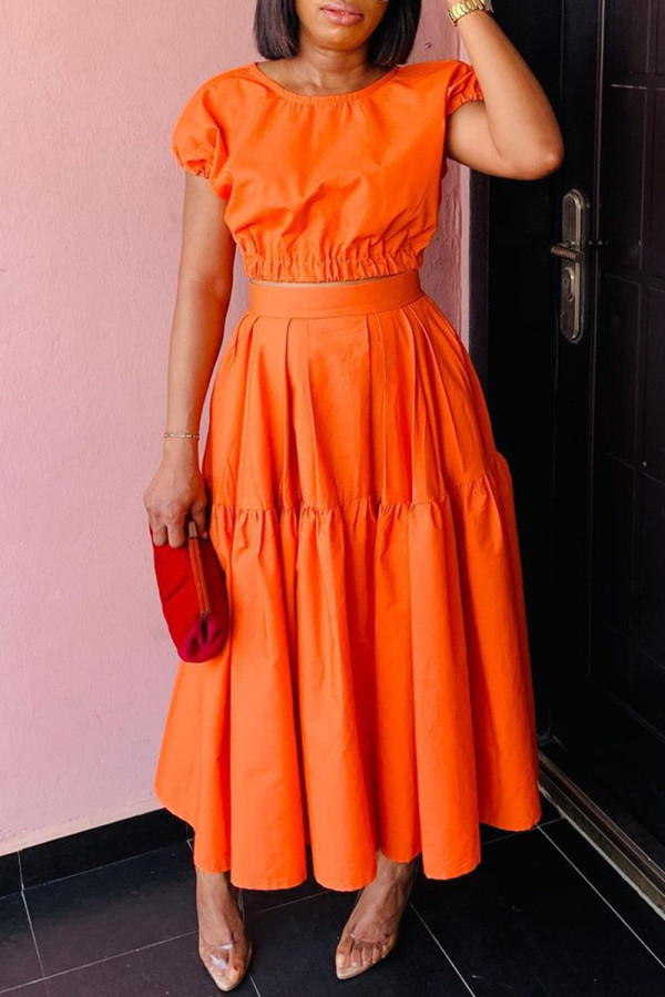 Orange Fashion Casual Solid Patchwork O Neck Short Sleeve Two Pieces