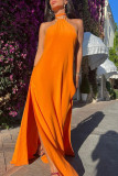 Orange Fashion Casual Solid Bandage Backless Slit Halter Long Dress