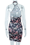 Black Sexy Print Patchwork Halter Pencil Skirt Dresses