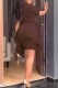 Brown Fashion Elegant Letter Print Fold O Neck One Step Skirt Dresses