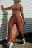 Orange Fashion Sexy Solid Hollowed Out See-through Backless Slit Oblique Collar Long Dress