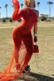 Orange Fashion Sexy Solid Hollowed Out See-through Backless Slit Oblique Collar Long Dress