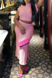 Pink Fashion Casual Solid Patchwork Slit Turtleneck Short Sleeve Two Pieces
