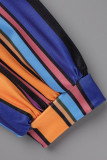 Tibetan Blue Casual Striped Print Patchwork Off the Shoulder Long Sleeve Two Pieces