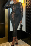Orange Fashion Sexy Solid Bandage Hollowed Out O Neck Long Sleeve Dresses