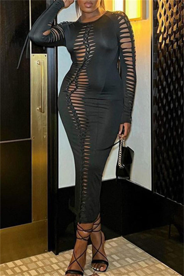Black Fashion Sexy Solid Bandage Hollowed Out O Neck Long Sleeve Dresses