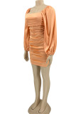 Orange Sexy Solid Patchwork Backless Fold Square Collar Evening Dress Dresses