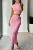 Pink Fashion Casual Solid Patchwork Slit Turtleneck Short Sleeve Two Pieces