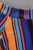 Tibetan Blue Casual Striped Print Patchwork Off the Shoulder Long Sleeve Two Pieces