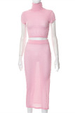 Pink Fashion Casual Solid Patchwork Slit Turtleneck Short Sleeve Two Pieces