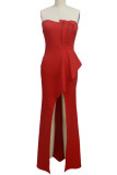 Tangerine Red Sexy Solid Patchwork Asymmetrical Strapless Evening Dress Dresses