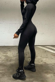 Black Fashion Solid Patchwork Hooded Collar Skinny Jumpsuits