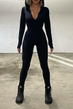 Black Fashion Solid Patchwork Hooded Collar Skinny Jumpsuits