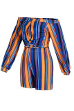Tibetan Blue Casual Striped Print Patchwork Off the Shoulder Long Sleeve Two Pieces