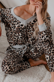 Leopard Print Fashion Leopard Patchwork One Shoulder Long Sleeve Two Pieces