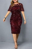 Black Silver Fashion Patchwork Plus Size Sequins See-through O Neck Short Sleeve Dress