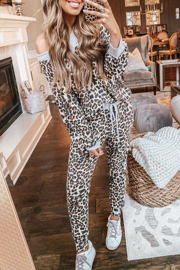 Leopard Print Fashion Leopard Patchwork One Shoulder Long Sleeve Two Pieces