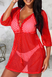 Red Casual Solid See-through Mesh Swimwears Cover Up