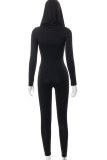 Black Fashion Solid Patchwork Hooded Collar Skinny Jumpsuits