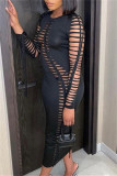 Orange Fashion Sexy Solid Bandage Hollowed Out O Neck Long Sleeve Dresses