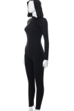 Black Fashion Solid Patchwork Hooded Collar Skinny Jumpsuits