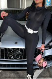 Black Fashion Solid Patchwork Hooded Collar Skinny Jumpsuits
