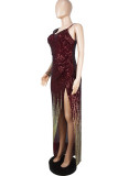 Green Sexy Solid Sequins Patchwork Asymmetrical Collar Evening Dress Dresses