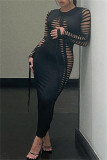 Orange Fashion Sexy Solid Bandage Hollowed Out O Neck Long Sleeve Dresses
