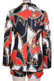 Red Fashion Casual Print Patchwork Turndown Collar Long Sleeve Two Pieces