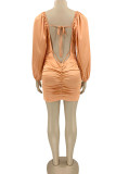 Orange Sexy Solid Patchwork Backless Fold Square Collar Evening Dress Dresses